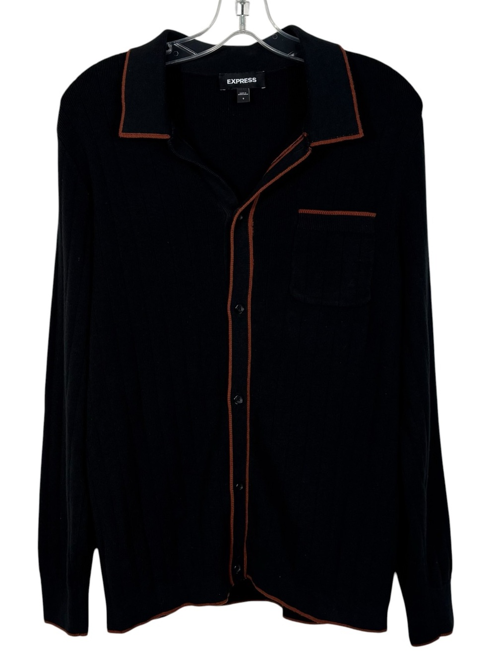 Express Mens Lightweight Black Orange Trim Button Down Collared Sweater Top S
